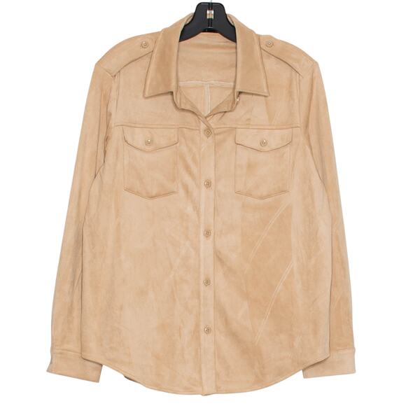 NWT Tahari Top Faux Suede Western Cottage Minimalist Neutral Button Up Tan Large - Picture 1 of 7